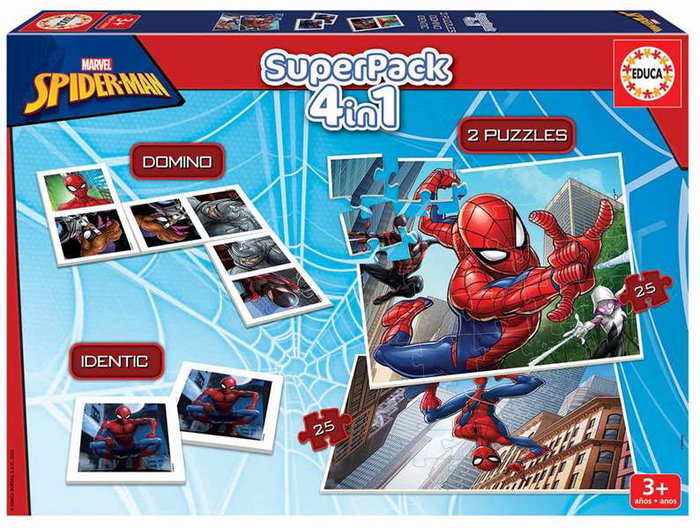 Educa - Superpack 4 en 1 Spider-Man avec domino, memory et 2 puzzles - Produit en espagnol/anglais