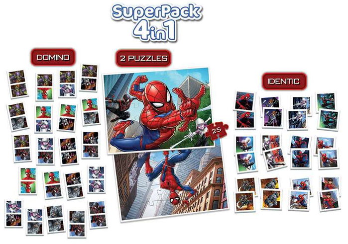Educa - Superpack 4 en 1 Spider-Man avec domino, memory et 2 puzzles - Produit en espagnol/anglais
