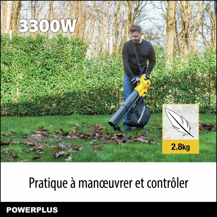 Powerplus POWEG4030 Souffleur, Aspirateur et Broyeur de Feuilles 3 en 1 Électrique, 3300 W, Vitesse d'Air 250 km/h, 10.7 m³/min