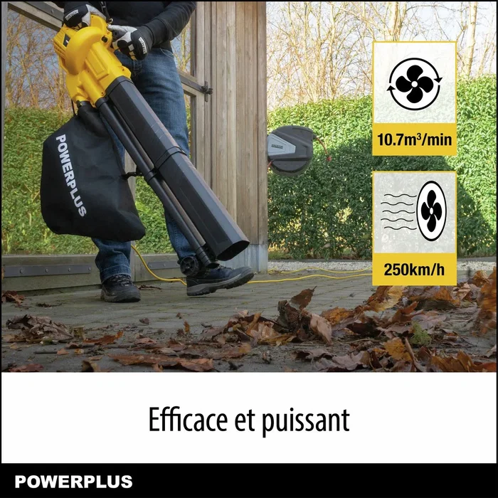 Powerplus POWEG4030 Souffleur, Aspirateur et Broyeur de Feuilles 3 en 1 Électrique, 3300 W, Vitesse d'Air 250 km/h, 10.7 m³/min