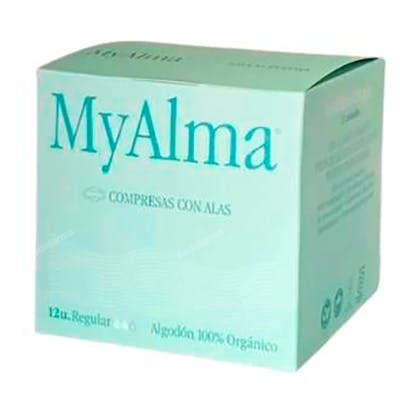MYALMA Compressés Régulier Avec Ailes, 100% Coton Bio, 12 Unités MYALMA Compressés Régulier Avec Ailes, 100% Coton Bio, 12 Unités
