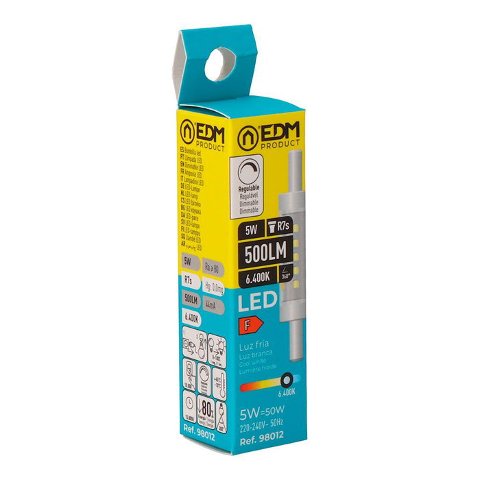 Edm Ampoule LED linéaire R7s, 5 W, 500 lm, 6400 K, lumière froide, Ø15 x 78 mm