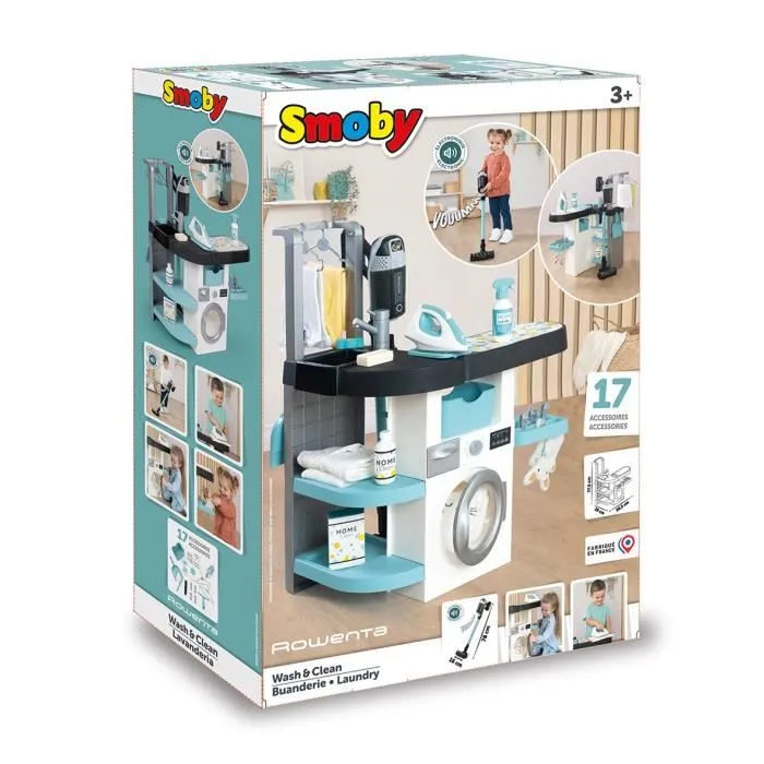 Smoby Buanderie Wash&Clean - Jeu d'imitation enfant lave-linge avec planche à repasser, 17 accessoires et sons réalistes
