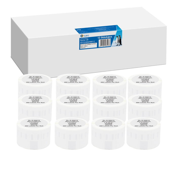 G&G Lot de 12 rouleaux d'étiquettes 36 mm x 89 mm compatibles avec Dymo 99012 / s0722400 G&G Lot de 12 rouleaux d'étiquettes 36 mm x 89 mm compatibles avec Dymo 99012 / s0722400