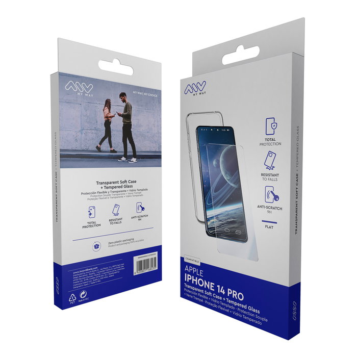 Myway Kit Coque TPU transparente et Protection Verre trempé 9H pour Apple iPhone 14 Pro Myway Kit Coque TPU transparente et Protection Verre trempé 9H pour Apple iPhone 14 Pro