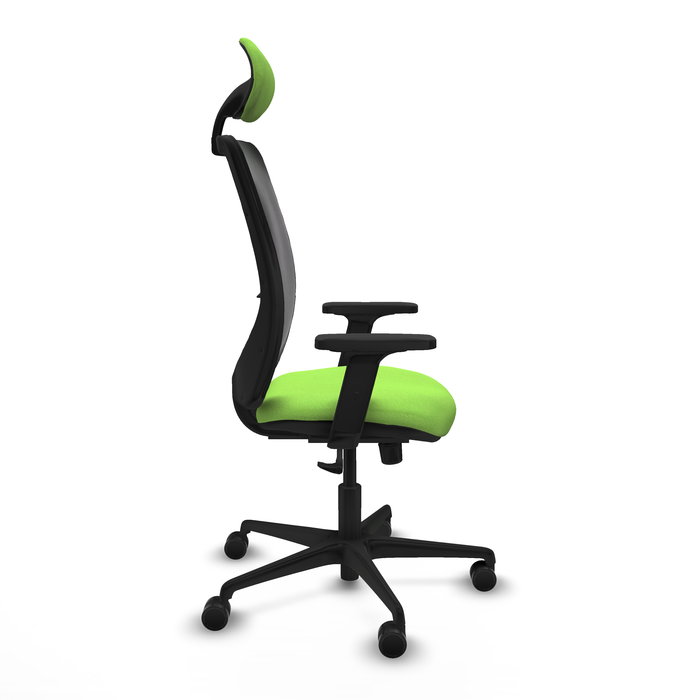 Chaise Zulema Synchro 3 positions tissu Vert pistache Maille Noir Base en nylon noir Accoudoir 2D Appui-tête Roulettes 65mm nylon
