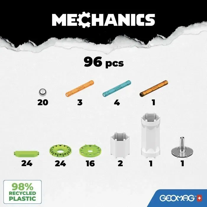 Geomag Mechanics Motion Recycled Flywheels 96 (756) - Jeu de Construction Mécanique Magnétique avec 96 Pièces Recyclées pour Enfants à Partir de 5 Ans