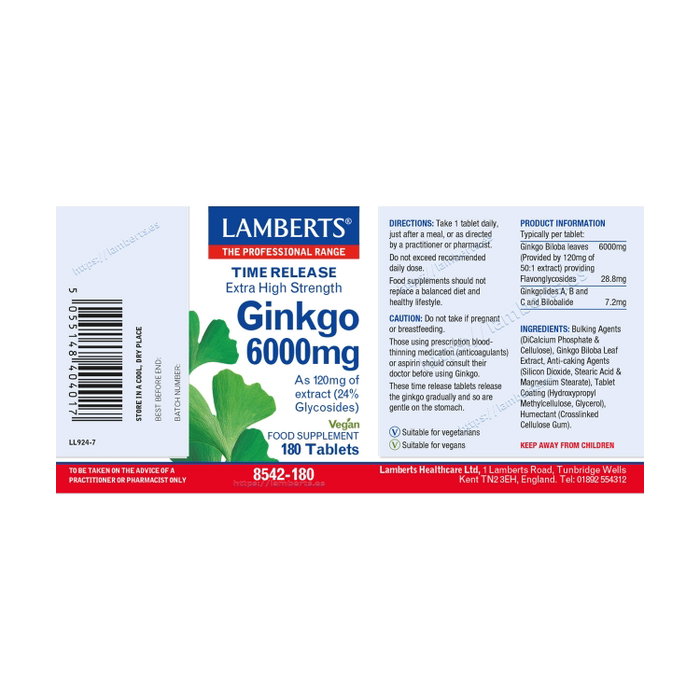 LAMBERTS Ginkgo Biloba 6000 mg - 180 comprimés LAMBERTS Ginkgo Biloba 6000 mg - 180 comprimés
