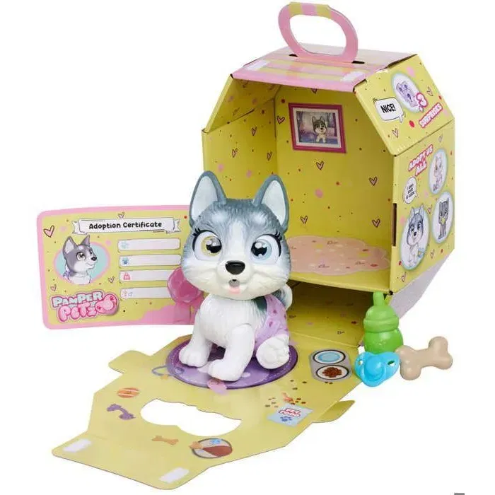 Smoby Pamper Petz Husky à Adopter - Jouet Interactif Articulé qui Boit et Fait Pipi - 4 Accessoires et Certificat d'Adoption - Enfant dès 3 ans