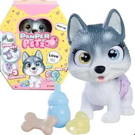 Smoby Pamper Petz Husky à Adopter - Jouet Interactif Articulé qui Boit et Fait Pipi - 4 Accessoires et Certificat d'Adoption - Enfant dès 3 ans