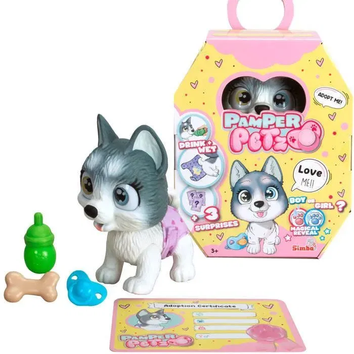 Smoby Pamper Petz Husky à Adopter - Jouet Interactif Articulé qui Boit et Fait Pipi - 4 Accessoires et Certificat d'Adoption - Enfant dès 3 ans