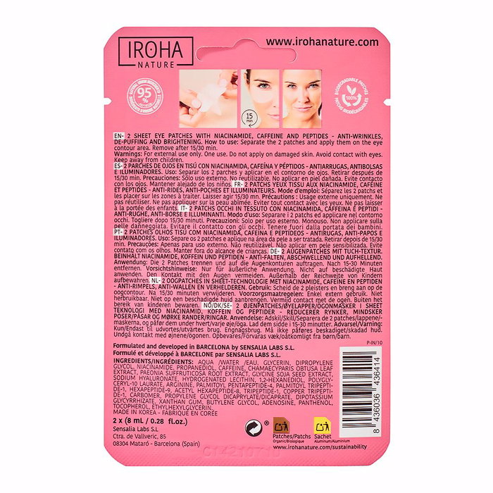 Iroha Patchs Yeux Global Eye Care Niacinamide, Caféine & Peptides - Soin Anti-Âge Hydratant et Éclaircissant - 2 Unités