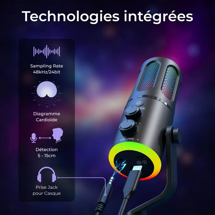 The G-Lab K-MIC-NEON Microphone de streaming et gaming USB, RGB, pour PC et consoles, captation audio professionnelle, noir