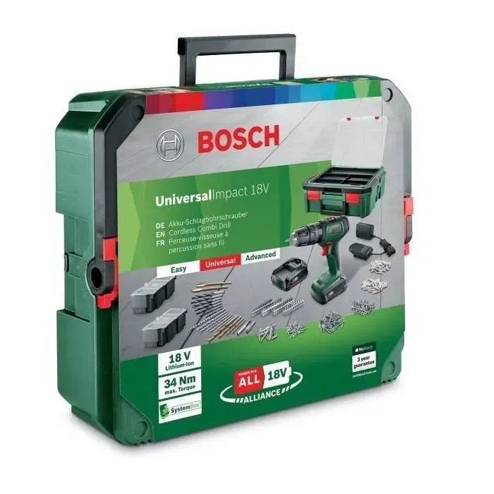 Bosch UniversalDrill 18 Perceuse-visseuse sans fil 18V - Livrée avec 2 batteries 1,5 Ah, chargeur, coffret de 241 accessoires et boîte de rangement - Perçage bois, métal, plastique