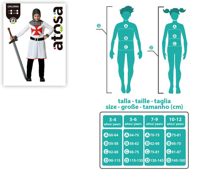 Déguisement de Chevalier des Croisées pour Enfant 3-4 Ans - Tunique avec Ceinture et Bonnet en Polyester Déguisement de Chevalier des Croisées pour Enfant 3-4 Ans - Tunique avec Ceinture et Bonnet en Polyester