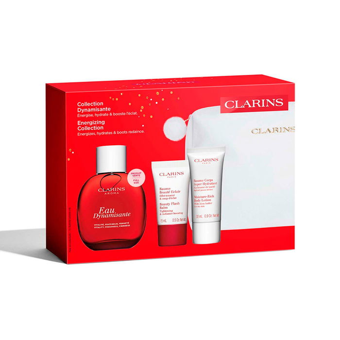 Clarins - Coffret Découverte Soins : Eau Dynamisante Spray 100 ml + Beauty Flash Balm Éclat 15 ml + Lotion Corporelle au Beurre de Karité 30 ml + Pochette