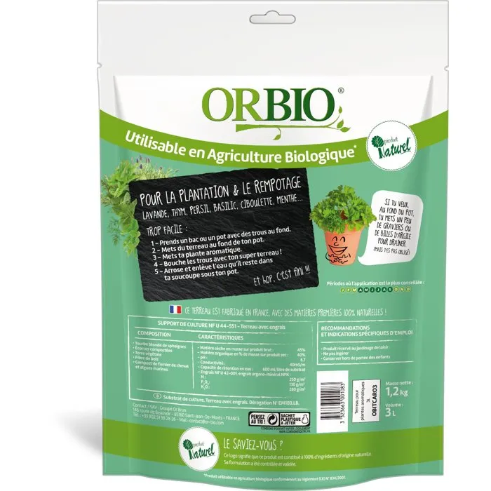 Orbio Terreau pour plantes aromatiques - 3 L - Substrat spécifique au drainage optimisé pour basilic, persil, ciboulette, thym, menthe