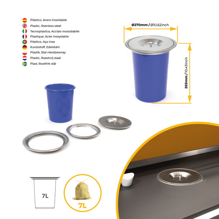 Emuca Poubelle encastrable sur le plan de travail Recycle, 1 bac extractible 7 litres, Acier inoxydable et Plastique