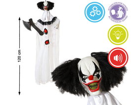 Statue effrayante de clown tueur avec hache 120 cm, lumière, son et mouvement - Décor d'Halloween réaliste