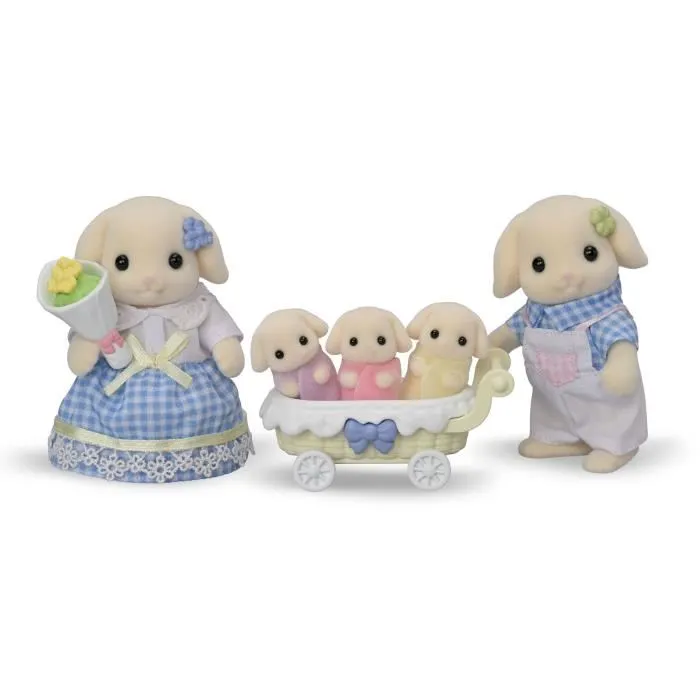 Sylvanian Families 5735 Famille Lapin Bélier - 5 Figurines Articulées avec Poussette et Fleurs