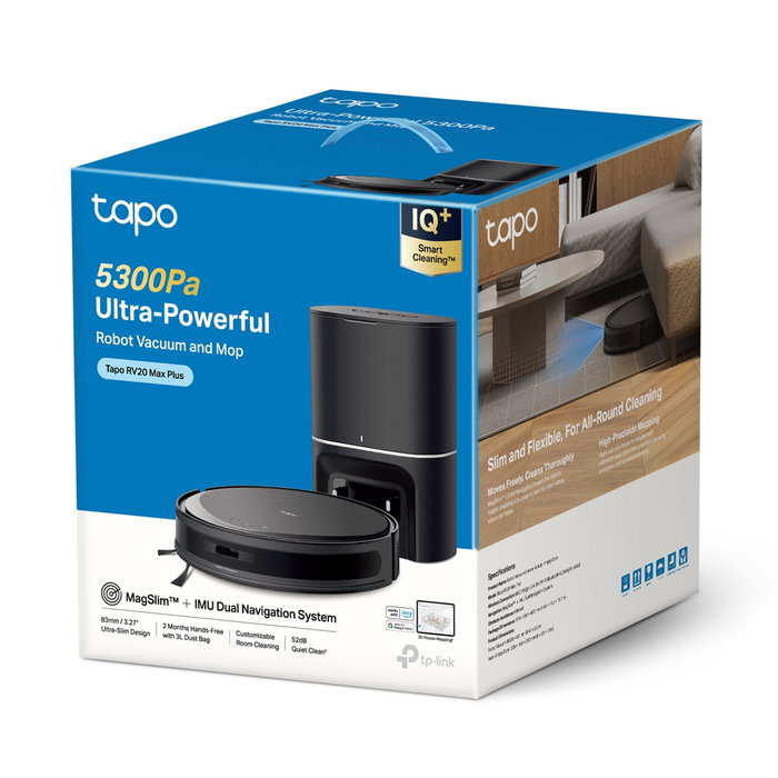 Tapo RV20 Max Plus Robot Aspirateur Laveur MagSlim 5300Pa, avec Station Autovidage, Navigation LiDAR, Contrôle App, Tapo RV20 Max Plus