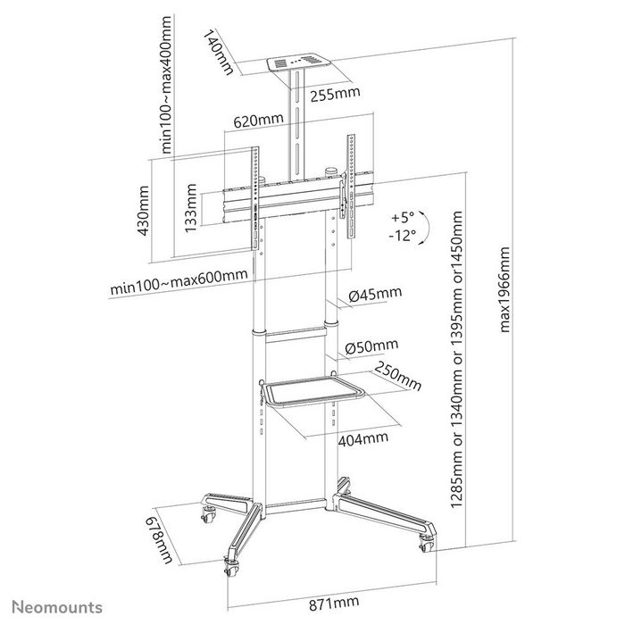 Neomounts FL50-550BL1 Support mobile au sol pour écran plat TV 37-70" jusqu'à 50 kg, avec tablette multimédia, support caméra, roulettes et gestion de câbles - Noir