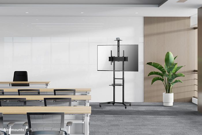 Neomounts FL50-550BL1 Support mobile au sol pour écran plat TV 37-70" jusqu'à 50 kg, avec tablette multimédia, support caméra, roulettes et gestion de câbles - Noir