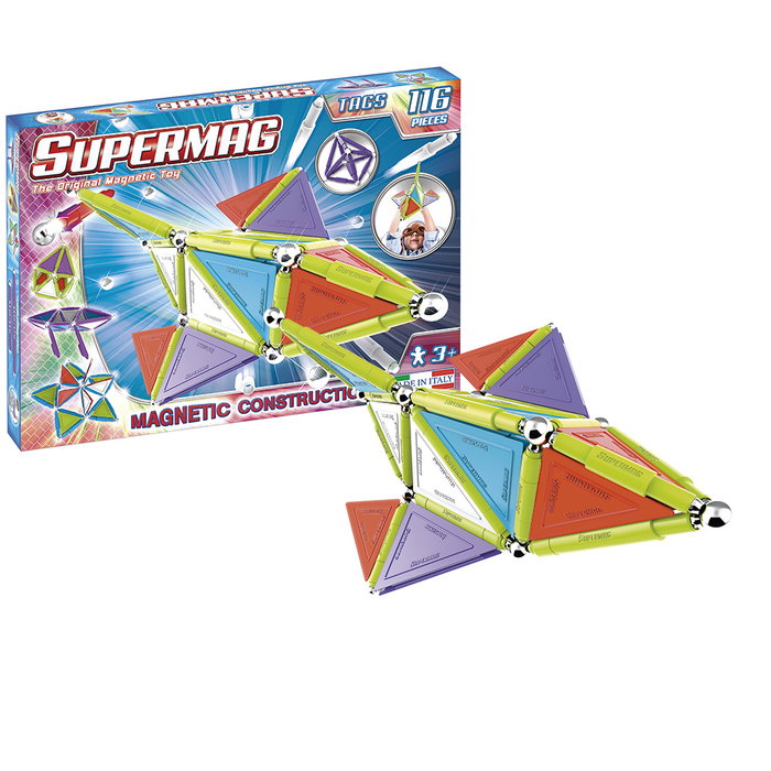 SUPERMAG Tags Trendy 116 - Jeu de construction magnétique avec formes géométriques et couleurs primaires - 116 pièces - Pour enfants dès 3 ans SUPERMAG Tags Trendy 116 - Jeu de construction magnétique avec formes géométriques et couleurs primaires - 116 pièces - Pour enfants dès 3 ans