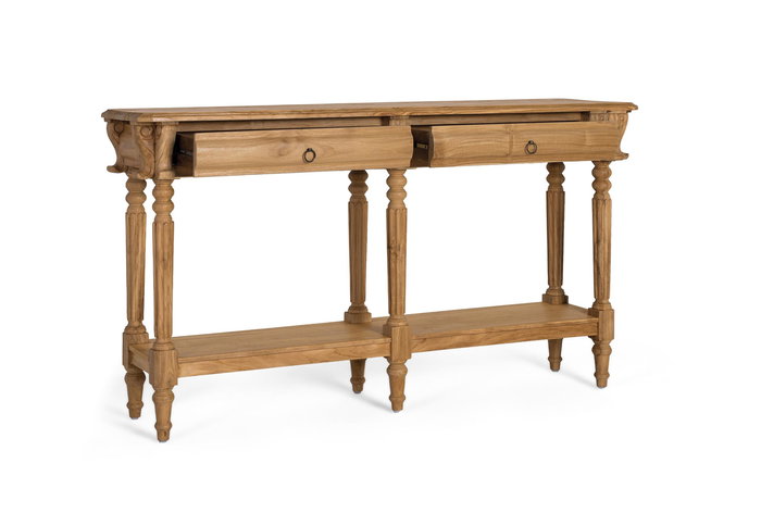 GINER Y COLOMER Console d'entrée en teck massif naturel avec 2 tiroirs à poignées métalliques, 6 pieds tournés et une étagère - Dimensions 151x42x86 cm