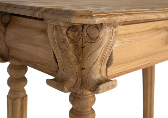 GINER Y COLOMER Console d'entrée en teck massif naturel avec 2 tiroirs à poignées métalliques, 6 pieds tournés et une étagère - Dimensions 151x42x86 cm