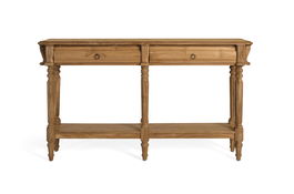 GINER Y COLOMER Console d'entrée en teck massif naturel avec 2 tiroirs à poignées métalliques, 6 pieds tournés et une étagère - Dimensions 151x42x86 cm