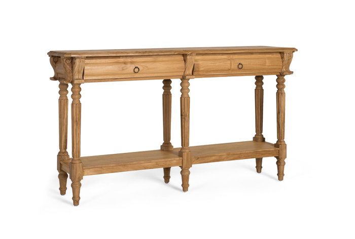 GINER Y COLOMER Console d'entrée en teck massif naturel avec 2 tiroirs à poignées métalliques, 6 pieds tournés et une étagère - Dimensions 151x42x86 cm