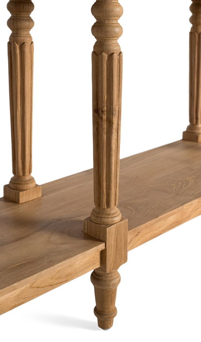 GINER Y COLOMER Console d'entrée en teck massif naturel avec 2 tiroirs à poignées métalliques, 6 pieds tournés et une étagère - Dimensions 151x42x86 cm