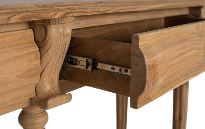 GINER Y COLOMER Console d'entrée en teck massif naturel avec 2 tiroirs à poignées métalliques, 6 pieds tournés et une étagère - Dimensions 151x42x86 cm