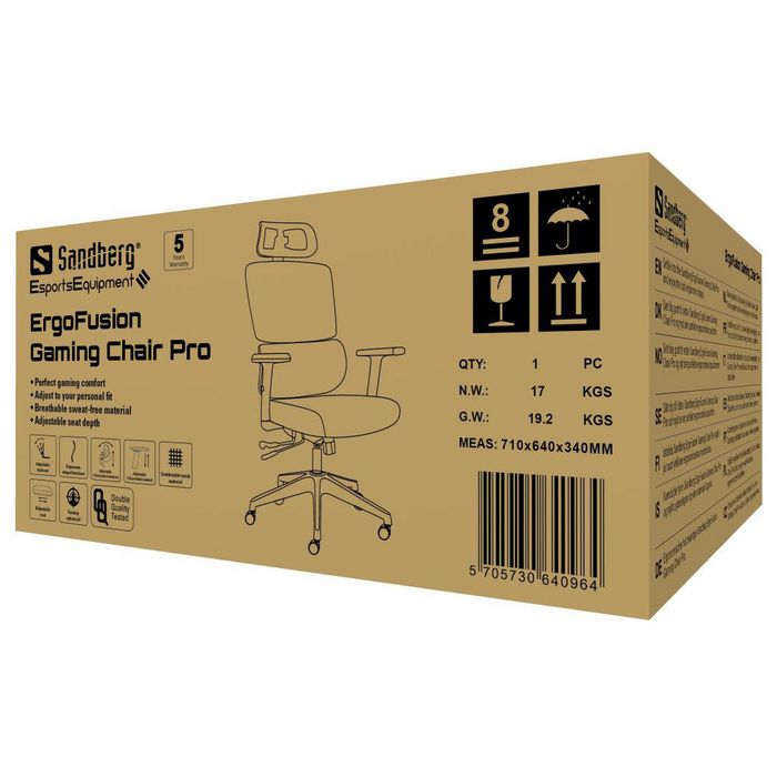 Sandberg ErgoFusion Gaming Chair Pro - Fauteuil de bureau et gaming ergonomique avec dossier en mesh, réglable en hauteur, inclinaison et accoudoirs