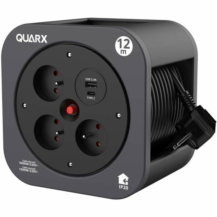 Quarx Enrouleur S-Box 12m avec 3 prises 16A et ports USB Type A et C Quarx Enrouleur S-Box 12m avec 3 prises 16A et ports USB Type A et C