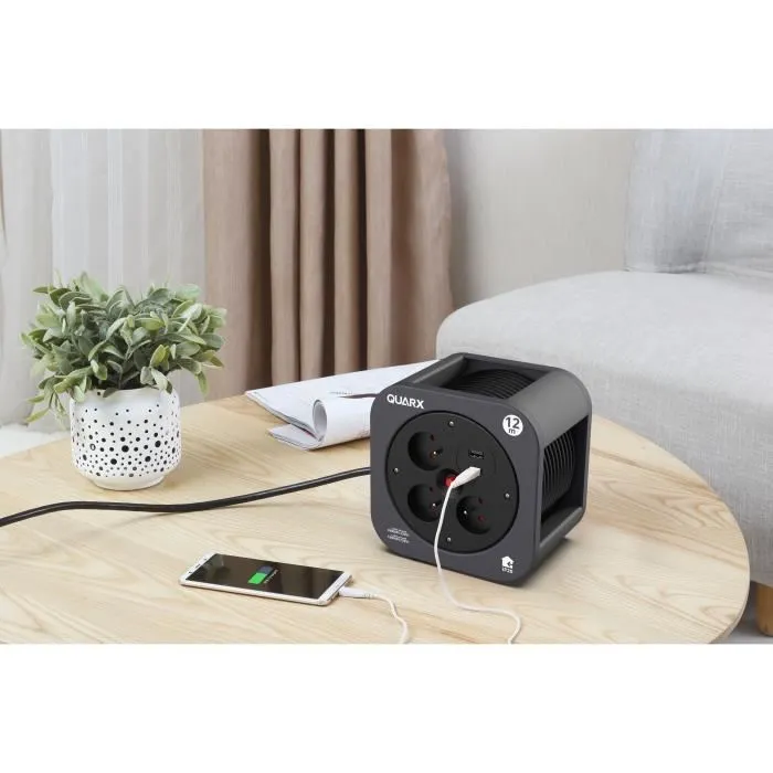 Quarx - Enrouleur électrique S-Box 12 mètres avec 3 prises 16A, ports USB Type A et Type C (2.4A), câble H05VV-F, puissance 3000W - Idéal pour la maison