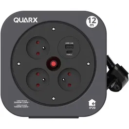 Quarx - Enrouleur électrique S-Box 12 mètres avec 3 prises 16A, ports USB Type A et Type C (2.4A), câble H05VV-F, puissance 3000W - Idéal pour la maison