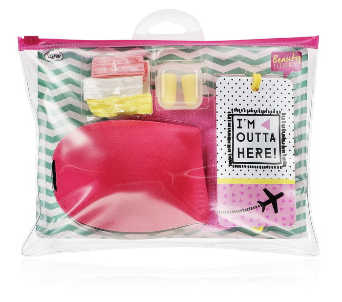 Beauty Junky - Coffret de produits de voyage pour femmes : Masque de nuit, bouchons d'oreille mousse, socquettes, élastiques à cheveux (3 pièces), porte-bagages métal