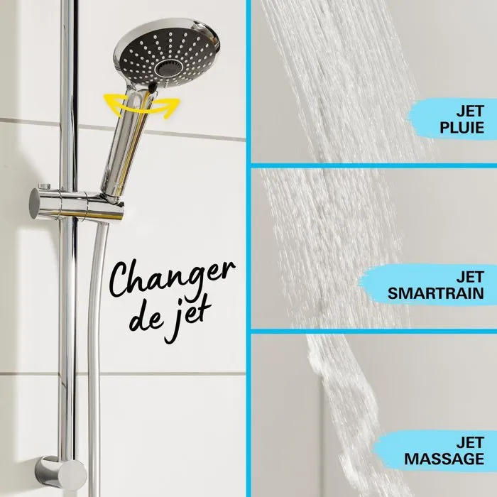 GROHE Vitalio Joy 110 Massage - Ensemble de douche 3 jets avec flexible lisse anti-torsion et barre 600 mm