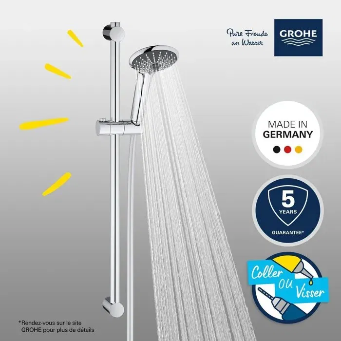 GROHE Vitalio Joy 110 Massage - Ensemble de douche 3 jets avec flexible lisse anti-torsion et barre 600 mm