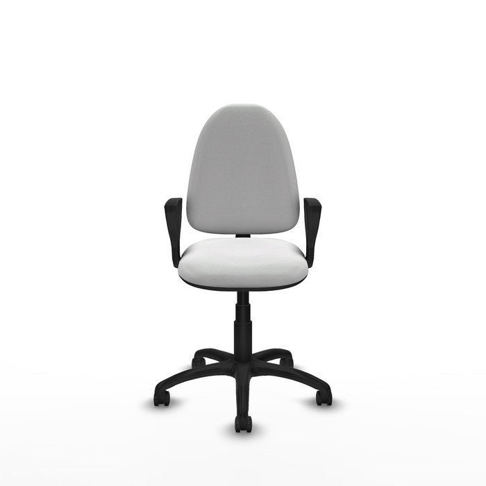 Chaise de bureau Aýna avec mécanisme de contact permanent de base, revêtue de tissu blanc. Équipée d'une base en polyamide noir, d'accoudoirs fixes et de roulettes pour parquet