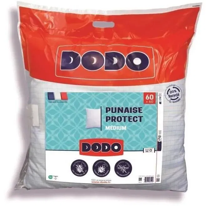 Dodo Oreiller Blanc 60x60 cm, 550 g - Protection Anti-Acariens, Anti-Punaises de Lit, Anti-Moustiques - Enveloppe et Garnissage Polyester - Fabriqué en France