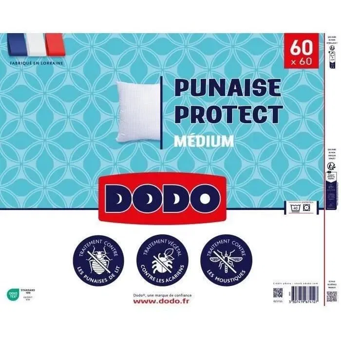 Dodo Oreiller Blanc 60x60 cm, 550 g - Protection Anti-Acariens, Anti-Punaises de Lit, Anti-Moustiques - Enveloppe et Garnissage Polyester - Fabriqué en France