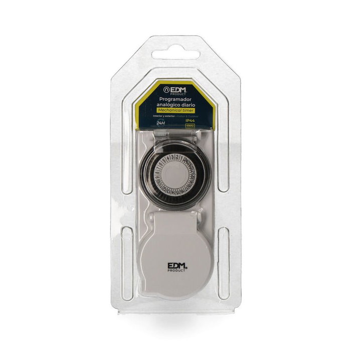 Prise avec programmateur analogique EDM 03012 3500 W 230 V 24 heures Avec couvercle IP44 Prise avec programmateur analogique EDM 03012 3500 W 230 V 24 heures Avec couvercle IP44