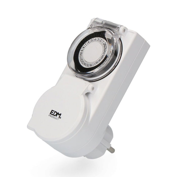Prise avec programmateur analogique EDM 03012 3500 W 230 V 24 heures Avec couvercle IP44 Prise avec programmateur analogique EDM 03012 3500 W 230 V 24 heures Avec couvercle IP44