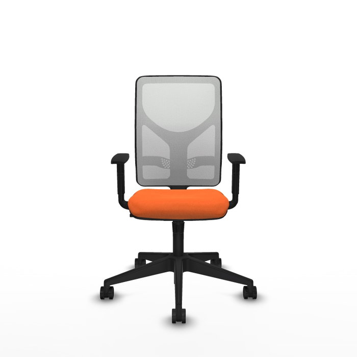 Chaise Motilla Synchro 3 positions tissu Orange Maille Blanc Base pyramidale noire Accoudoir 1D Sans appui-tête Roulettes 65mm nylon