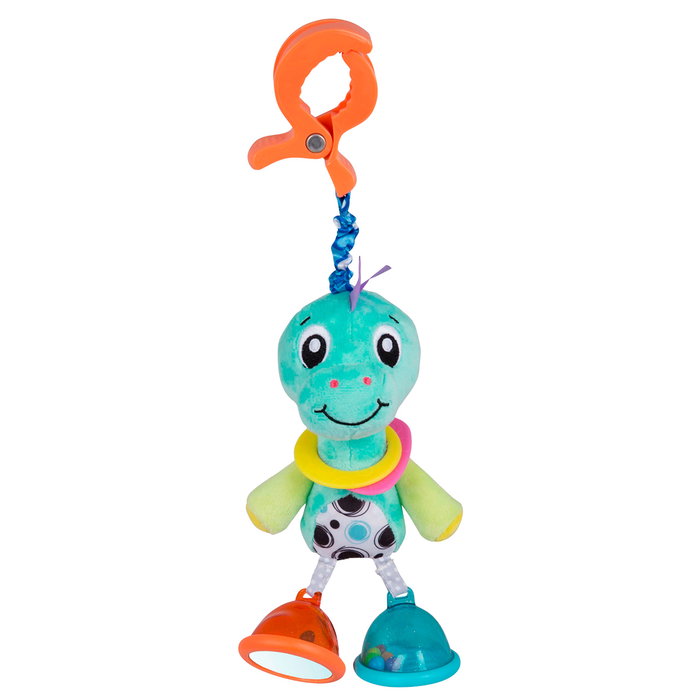 Playgro Dingly Dangly Denny Dino 0188625 - Jouet d'éveil avec clip, langues: anglais, français, allemand, italien, portugais, espagnol