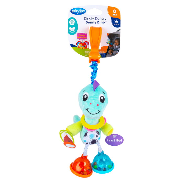 Playgro Dingly Dangly Denny Dino 0188625 - Jouet d'éveil avec clip, langues: anglais, français, allemand, italien, portugais, espagnol