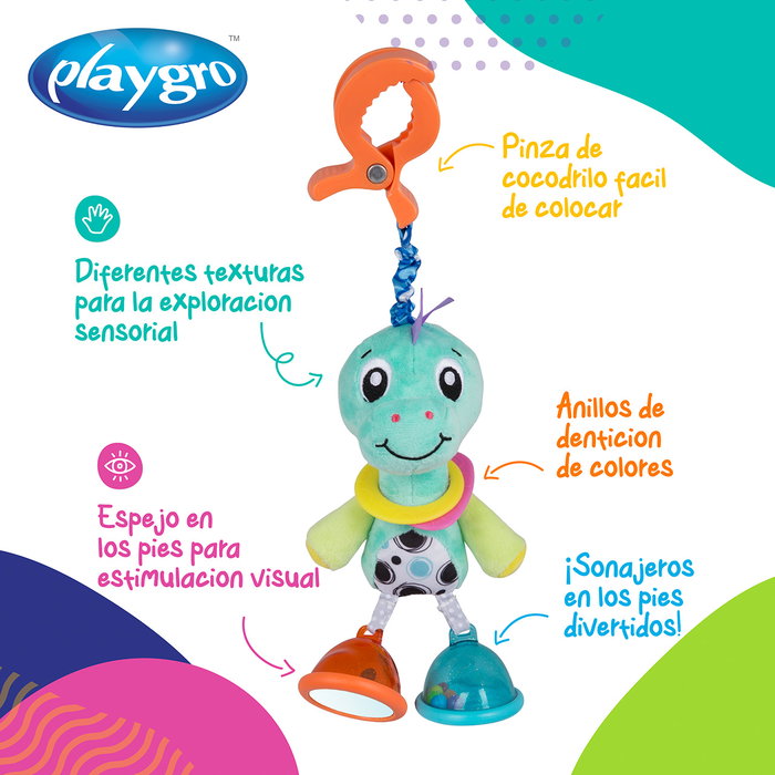 Playgro Dingly Dangly Denny Dino 0188625 - Jouet d'éveil avec clip, langues: anglais, français, allemand, italien, portugais, espagnol